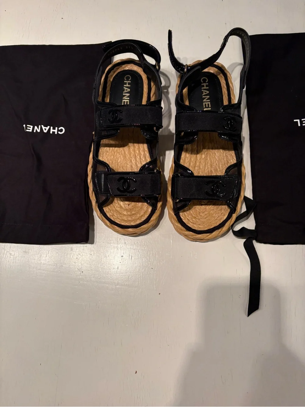 CHANEL Black Canvas and Natural Rope Espadrille Sandals